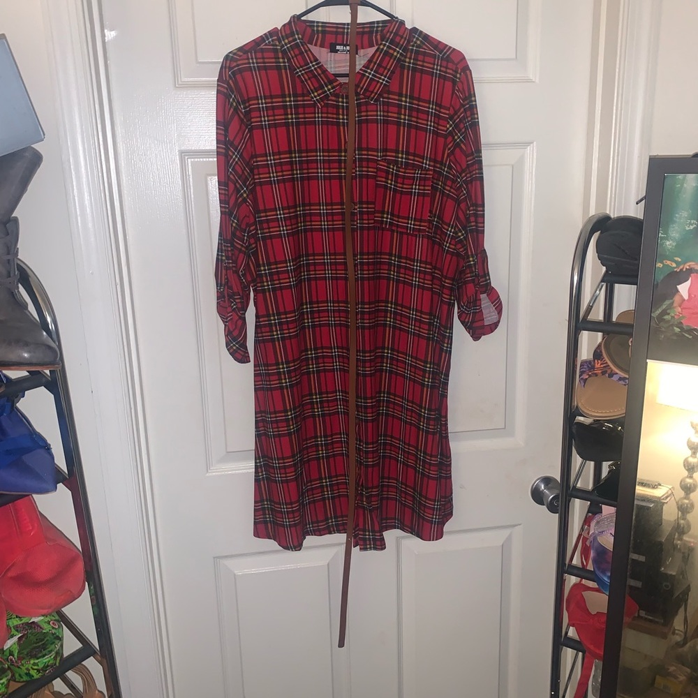 Plaid button up shirt dress with cuffed sleeves...Perfect for the holidays!